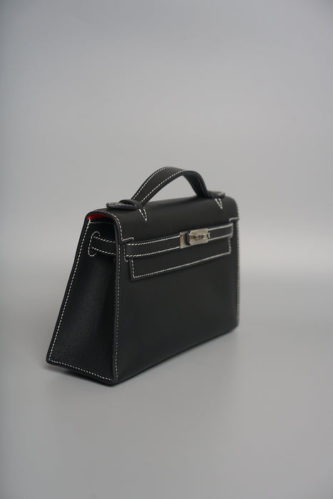 Hermes Kelly Pochette HSS in Black Interior Bordeaux Phw with White Stitching (Brand New)