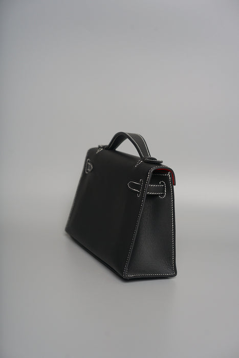 Hermes Kelly Pochette HSS in Black Interior Bordeaux Phw with White Stitching (Brand New)