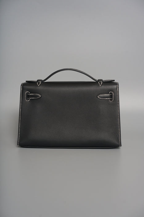 Hermes Kelly Pochette HSS in Black Interior Bordeaux Phw with White Stitching (Brand New)