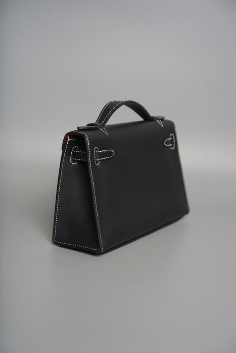 Hermes Kelly Pochette HSS in Black Interior Bordeaux Phw with White Stitching (Brand New)