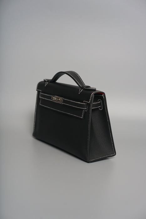 Hermes Kelly Pochette HSS in Black Interior Bordeaux Phw with White Stitching (Brand New)