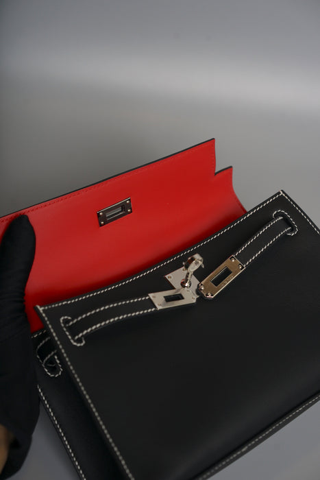 Hermes Kelly Pochette HSS in Black Interior Bordeaux Phw with White Stitching (Brand New)