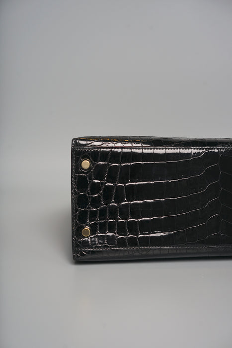 Hermes Kelly 28 in Black Shiny Alligator Ghw