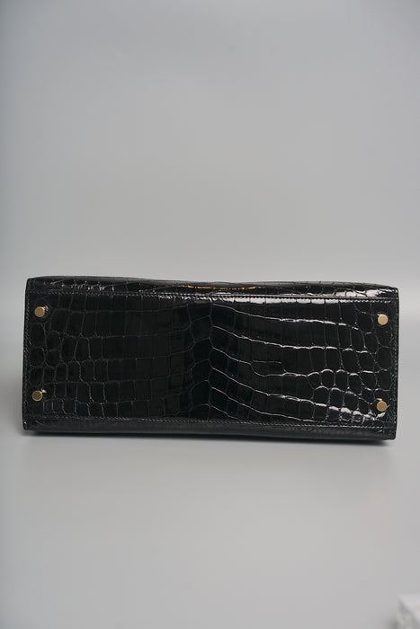 Hermes Kelly 28 in Black Shiny Alligator Ghw