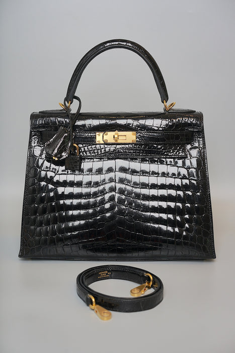 Hermes Kelly 28 in Black Shiny Niloticus Ghw ( Brand New)