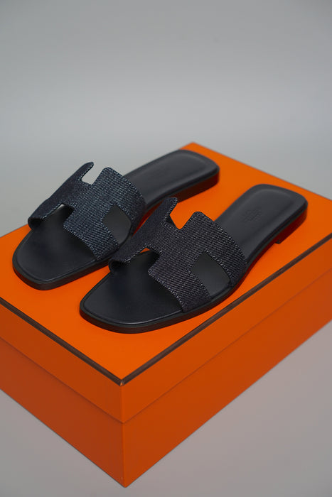 Hermes Oran Sandal in Dark Blue Denim Size 37.5 (Brand New)