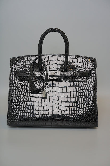 Hermes Birkin 25 Sellier in Black Shiny Porosus Diamonds Phw