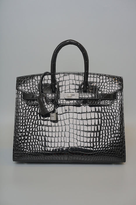 Hermes Birkin 25 Sellier in Black Shiny Porosus Diamonds Phw