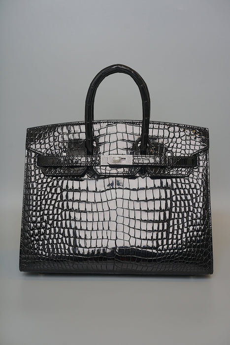 Hermes Birkin 25 Sellier in Black Shiny Porosus Diamonds Phw