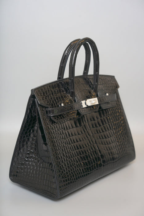 Hermes Birkin 25 Sellier in Black Shiny Porosus Diamonds Phw