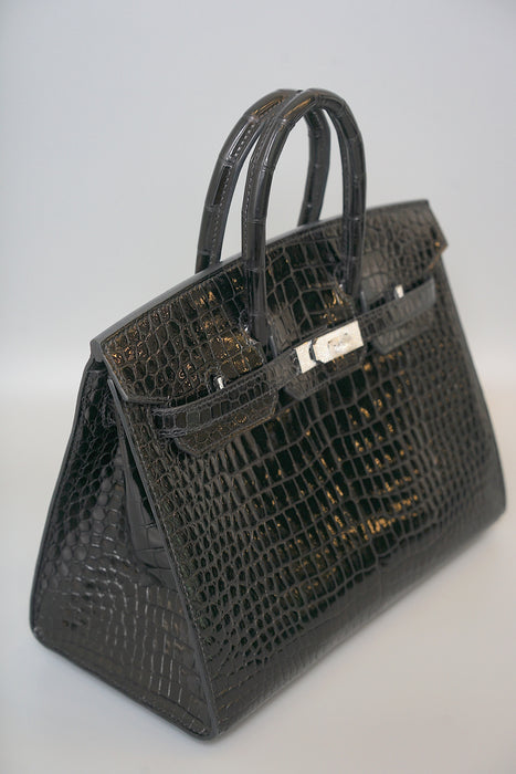 Hermes Birkin 25 Sellier in Black Shiny Porosus Diamonds Phw