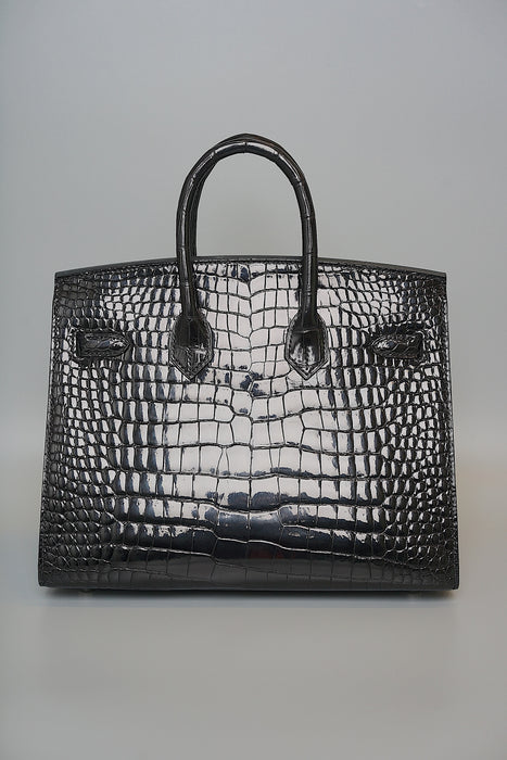 Hermes Birkin 25 Sellier in Black Shiny Porosus Diamonds Phw