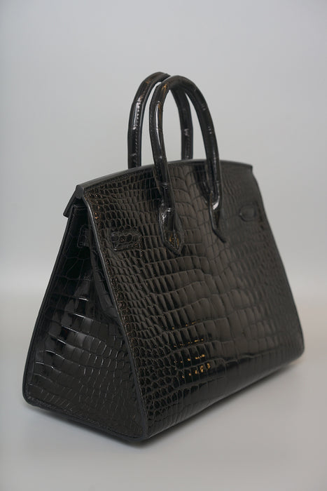 Hermes Birkin 25 Sellier in Black Shiny Porosus Diamonds Phw