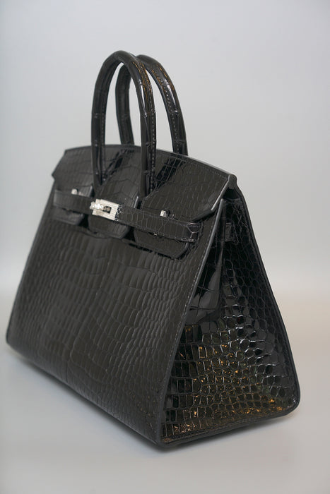 Hermes Birkin 25 Sellier in Black Shiny Porosus Diamonds Phw