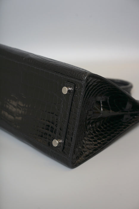 Hermes Birkin 25 Sellier in Black Shiny Porosus Diamonds Phw