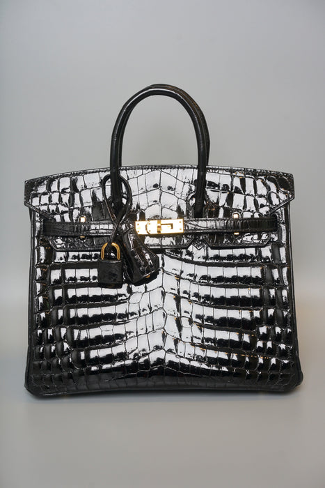 Hermes Birkin 25 in Black Shiny Niloticus Ghw (Brand New)