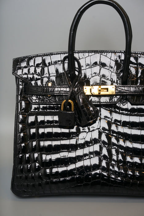 Hermes Birkin 25 in Black Shiny Niloticus Ghw (Brand New)