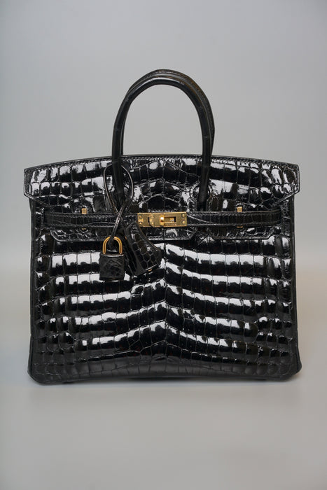 Hermes Birkin 25 in Black Shiny Niloticus Ghw (Brand New)
