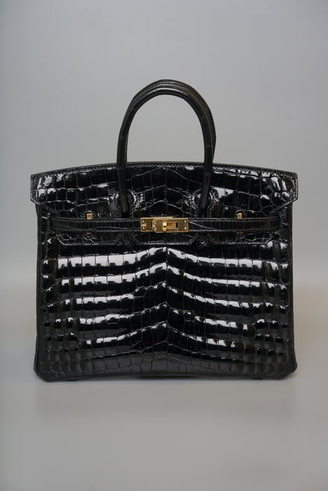 Hermes Birkin 25 in Black Shiny Niloticus Ghw (Brand New)