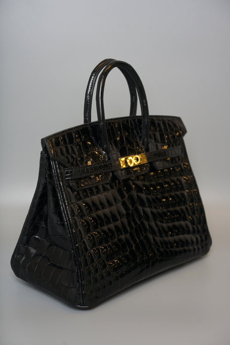 Hermes Birkin 25 in Black Shiny Niloticus Ghw (Brand New)