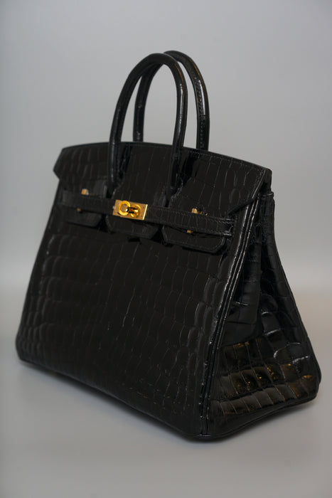 Hermes Birkin 25 in Black Shiny Niloticus Ghw (Brand New)