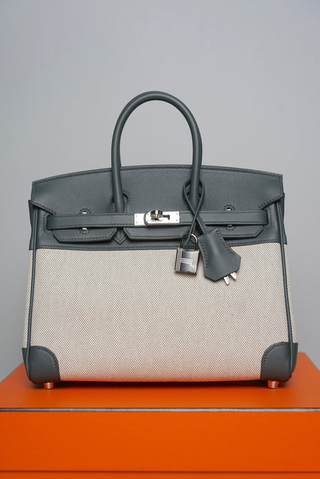 Hermes Birkin 25 in Ecru Vert Amande Toile / Vert Mangrove Phw (Brand New)