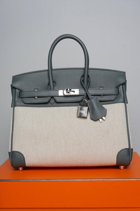 Hermes Birkin 25 in Ecru Vert Amande Toile / Vert Mangrove Phw (Brand New)