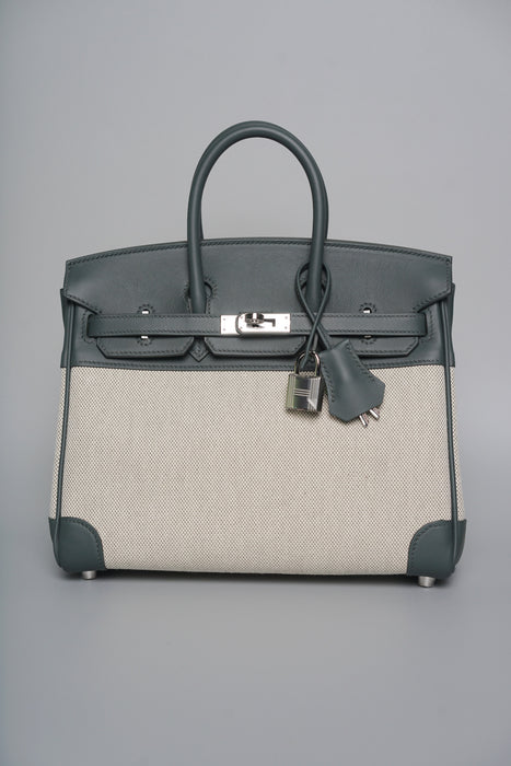 Hermes Birkin 25 in Ecru Vert Amande Toile / Vert Mangrove Phw (Brand New)