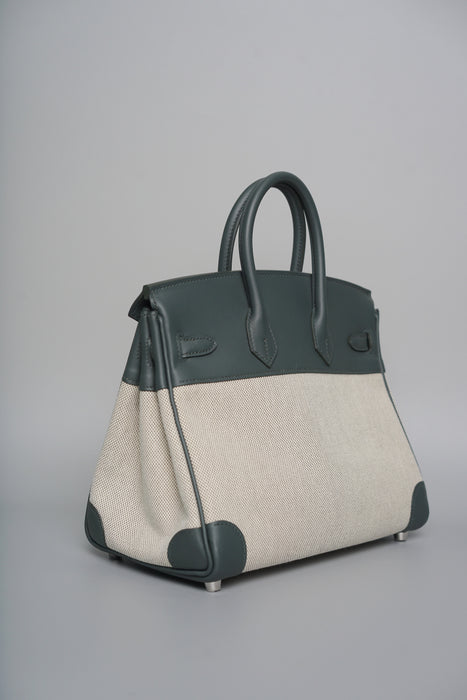 Hermes Birkin 25 in Ecru Vert Amande Toile / Vert Mangrove Phw (Brand New)