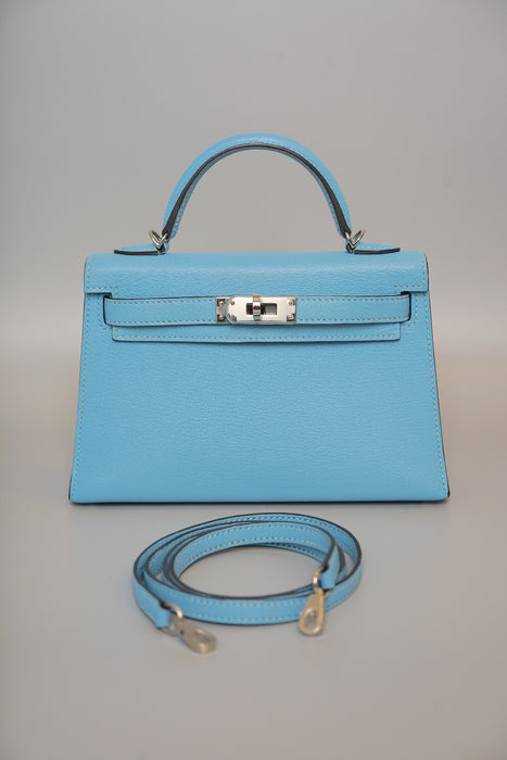 Hermes Kelly 20 in Blue Celeste Chevre Phw (Brand New)