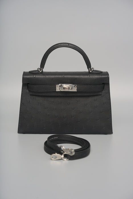 Hermes Kelly 20 in Black Ostrich Phw (Brand New)