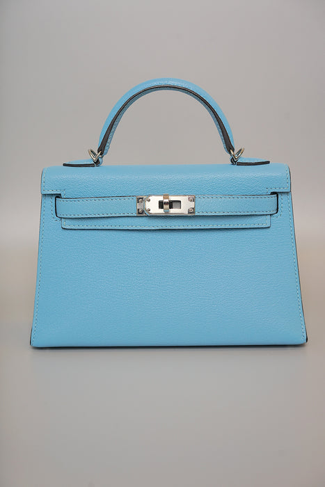 Hermes Kelly 20 in Blue Celeste Chevre Phw (Brand New)