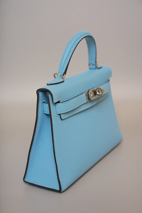Hermes Kelly 20 in Blue Celeste Chevre Phw (Brand New)