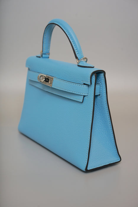 Hermes Kelly 20 in Blue Celeste Chevre Phw (Brand New)