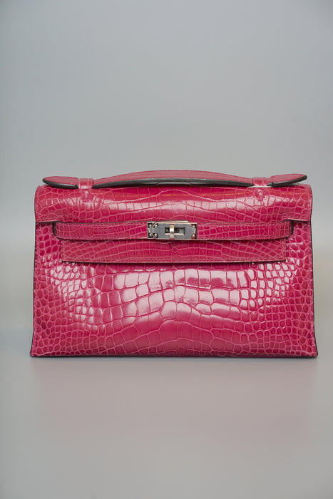Hermes Kelly Pochette in Rose Scheherazade Shiny Alligator Phw