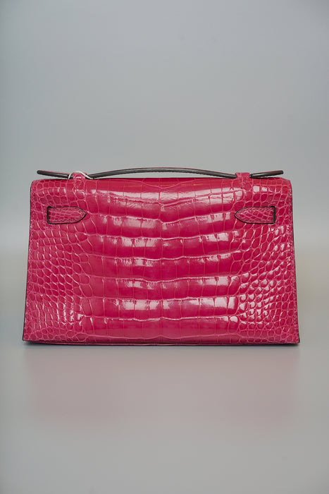 Hermes Kelly Pochette in Rose Scheherazade Shiny Alligator Phw