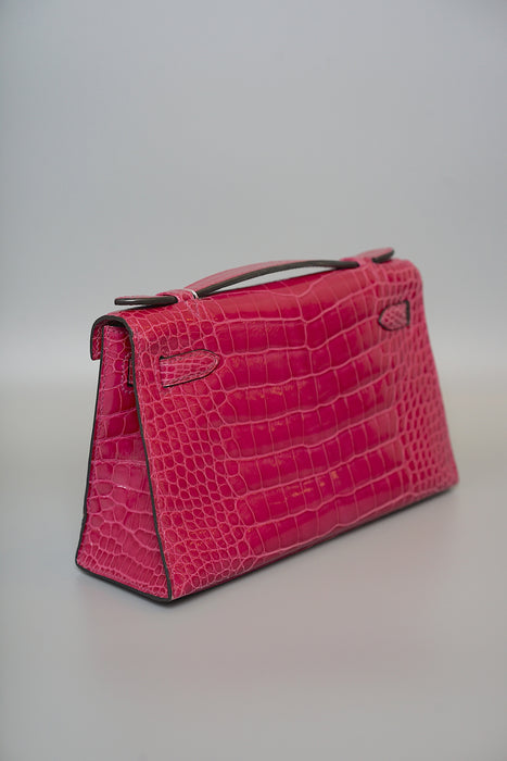 Hermes Kelly Pochette in Rose Scheherazade Shiny Alligator Phw