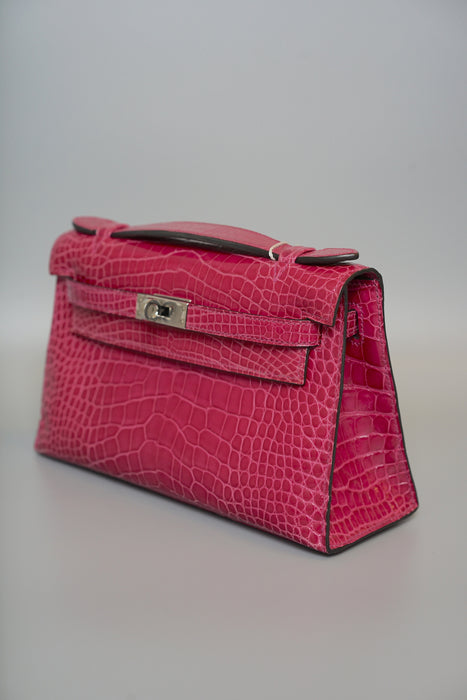 Hermes Kelly Pochette in Rose Scheherazade Shiny Alligator Phw