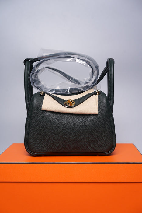 Hermes Mini Lindy in Vert Fonce Clemence Ghw (Brand New)