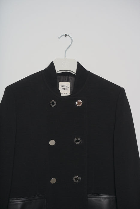 Hermes Short Pea Coat in Black with Leather Details Size 38 (Brand new)