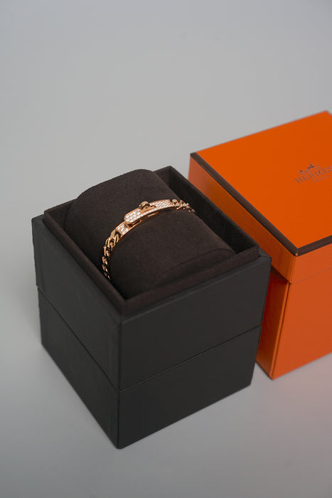 Hermes Kelly Gourmette Bracelet with Diamonds, Very Small Model in Rose Gold Size XS (Brand New)