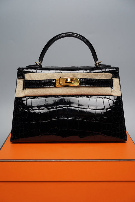 Hermes Kelly 20 in Shiny alligator in Black Ghw (Brand New)