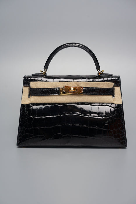 Hermes Kelly 20 in Shiny alligator in Black Ghw (Brand New)