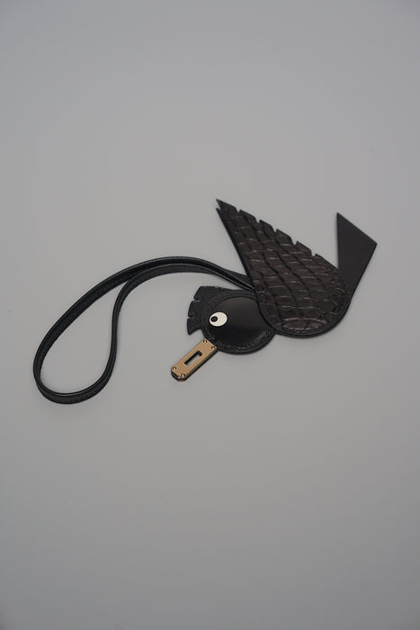 Hermes Birdy Charm in Black Matte Croc Permabrass (Brand New)