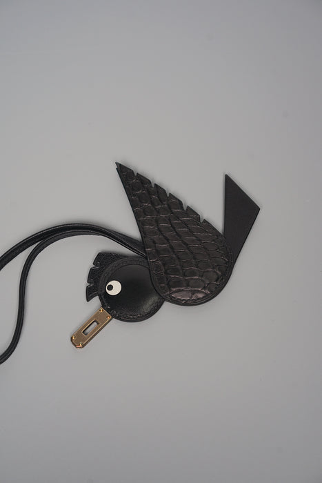 Hermes Birdy Charm in Black Matte Croc Permabrass (Brand New)