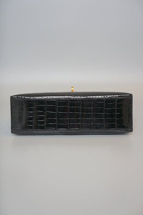 Hermes Kelly Pochette in Black Shiny Porosus Ghw