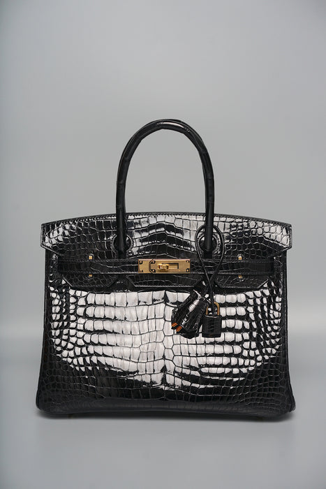 Hermes Birkin 30 in Black Shiny Porosus Ghw