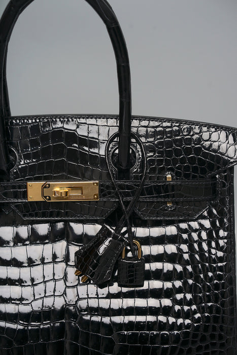 Hermes Birkin 30 in Black Shiny Porosus Ghw