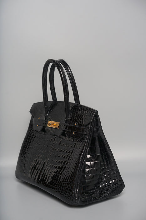 Hermes Birkin 30 in Black Shiny Porosus Ghw
