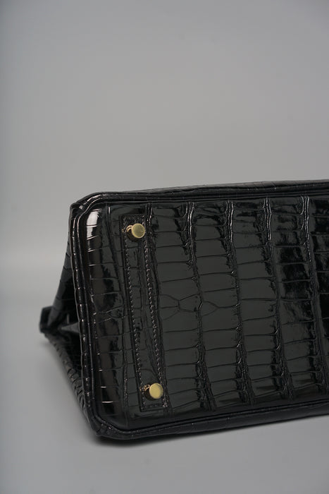 Hermes Birkin 30 in Black Shiny Porosus Ghw